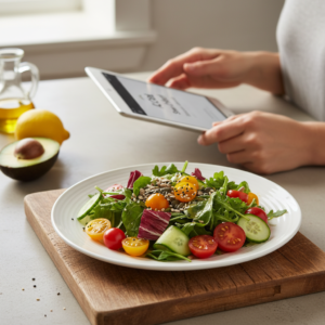 A vibrant simple salad with mixed greens, cherry tomatoes, and cucumber on a white plate, with a home cook's hands scrolling a recipe on a tablet in a sunlit kitchen.