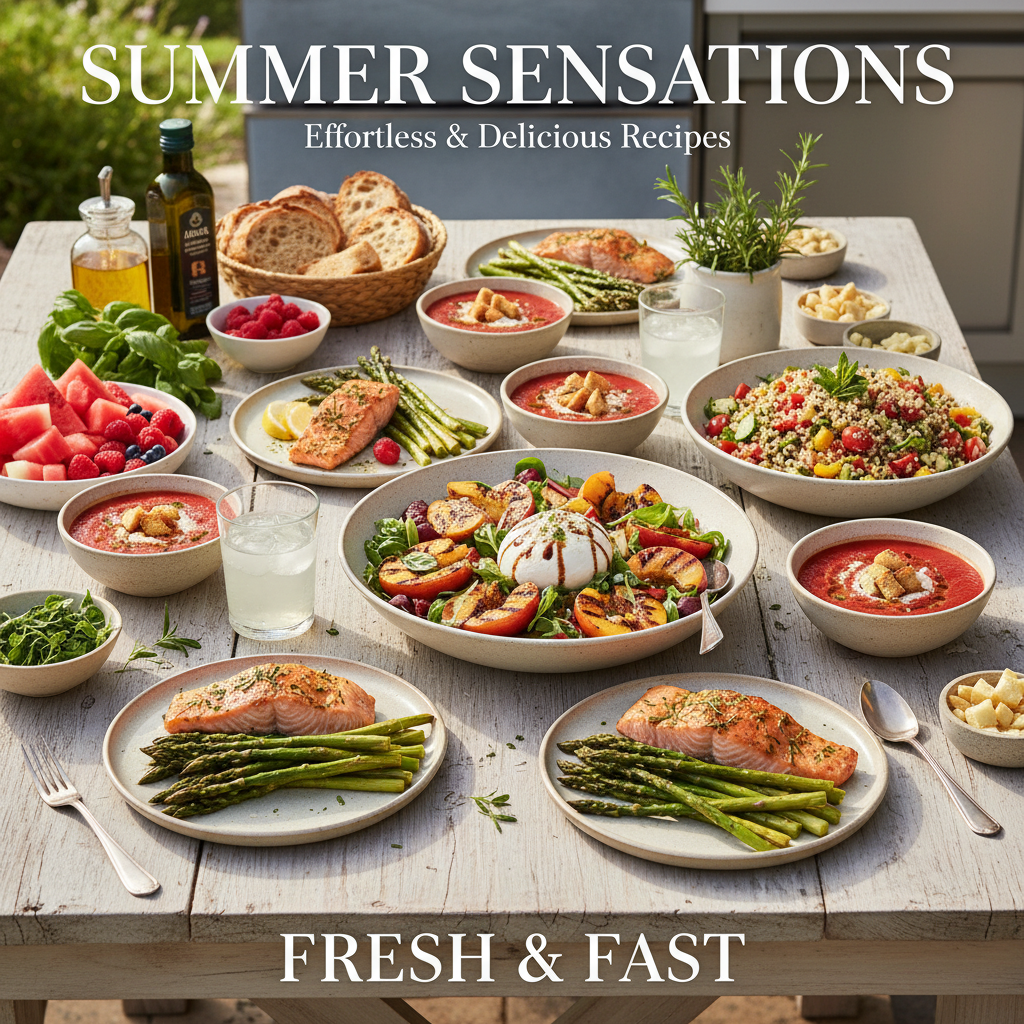 A vibrant spread of easy summer dinner dishes, including grilled peach and burrata salad, lemon-herb salmon, quinoa salad, and gazpacho, on a light wooden table.