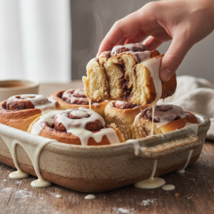 A warm, fluffy homemade cinnamon roll with rich cream cheese icing, being lifted from a baking dish.