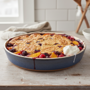 A warm, golden-brown dump cake with bubbling fruit filling, topped with melting vanilla ice cream, presented in a ceramic dish on a wooden table.