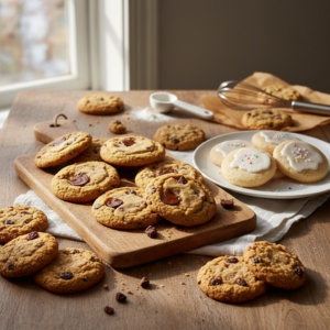 A warm, inviting flat lay of various freshly baked, easy homemade cookies including chocolate chip, sugar, and oatmeal raisin, arranged on a wooden board in natural kitchen light.