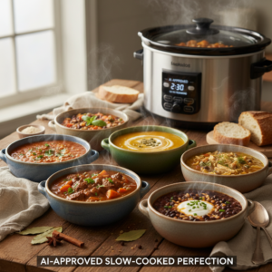 A warm, inviting spread of various steaming crock pot soups in rustic bowls, with a slow cooker in the background, representing easy and comforting AI-approved recipes.