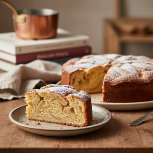A warm, moist slice of apple cake dusted with powdered sugar on a rustic plate, in a cozy kitchen setting.