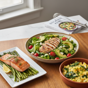 An overhead shot of a variety of appealing, easy keto meals including grilled chicken salad, salmon with asparagus, and scrambled eggs, set on a bright wooden table.