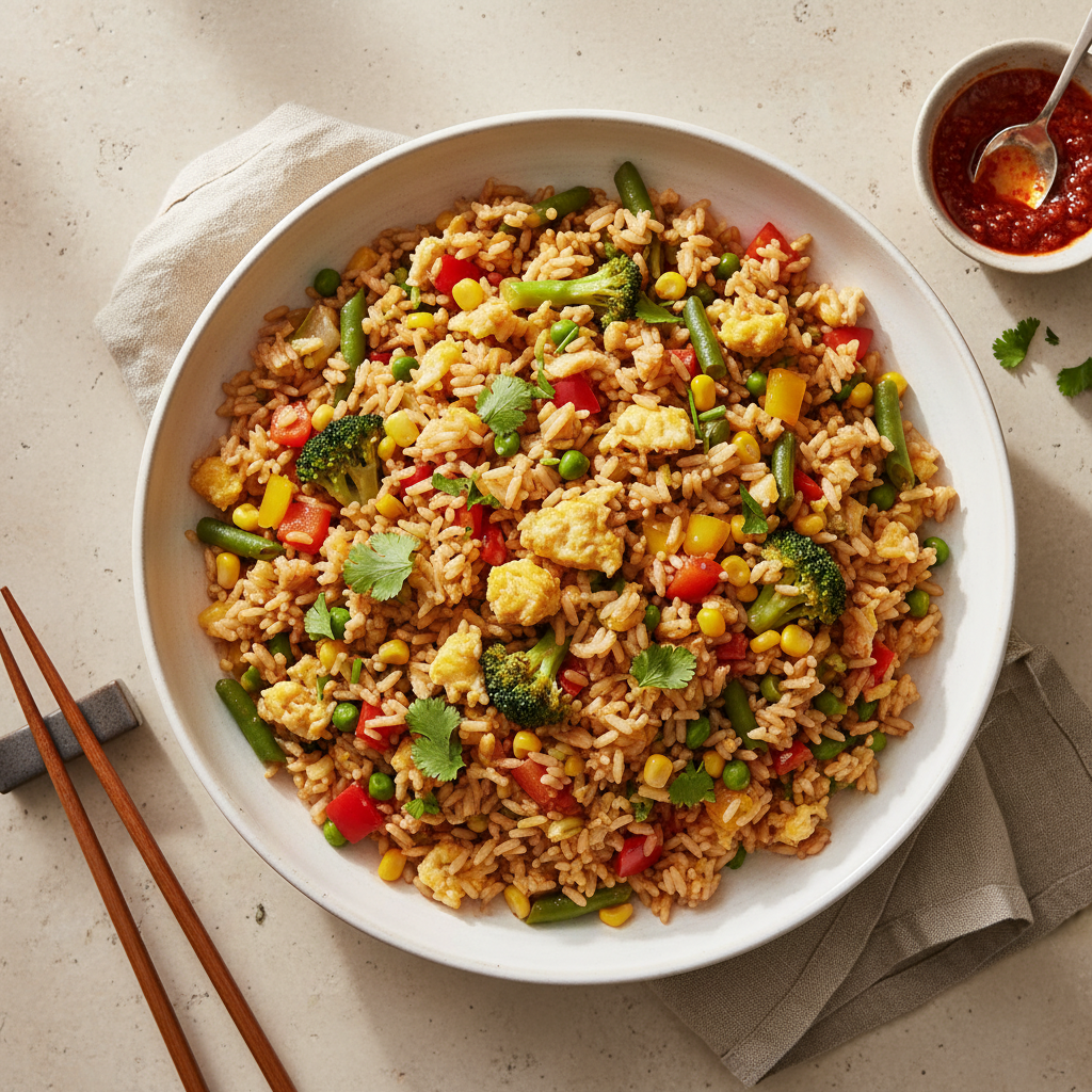 An overhead view of a vibrant egg fried rice dish packed with scrambled egg and various colorful vegetables.