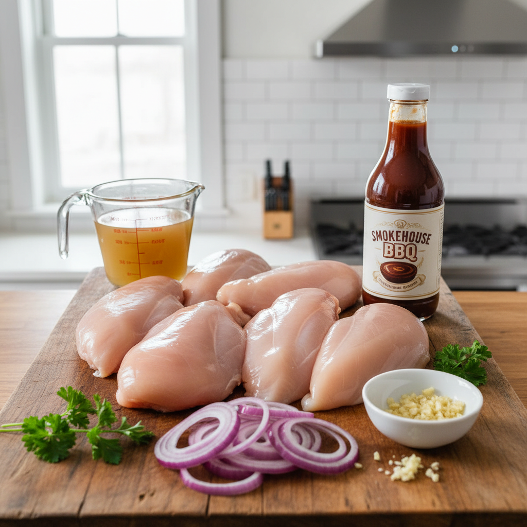 An overhead view of all fresh ingredients for Crock Pot BBQ chicken, including raw chicken breasts, BBQ sauce, chopped onion, and garlic, neatly arranged on a wooden board.