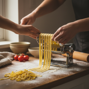Close-up of a home cook's hands forming fresh, homemade tagliatelle pasta strands on a floured wooden counter.
