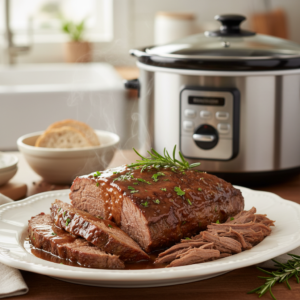 Close-up of tender, sliced slow cooker beef brisket garnished with fresh herbs, ready to be served.
