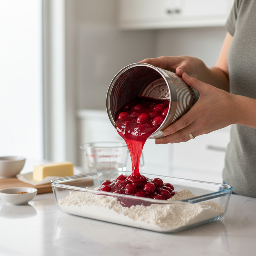Hands pouring fruit pie filling into a baking dish with dry cake mix, illustrating the simplicity of dump cake preparation.
