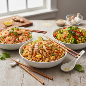 Three bowls of beautifully plated fried rice – chicken, shrimp, and vegetable – arranged on a kitchen counter, ready for a delicious showdown.