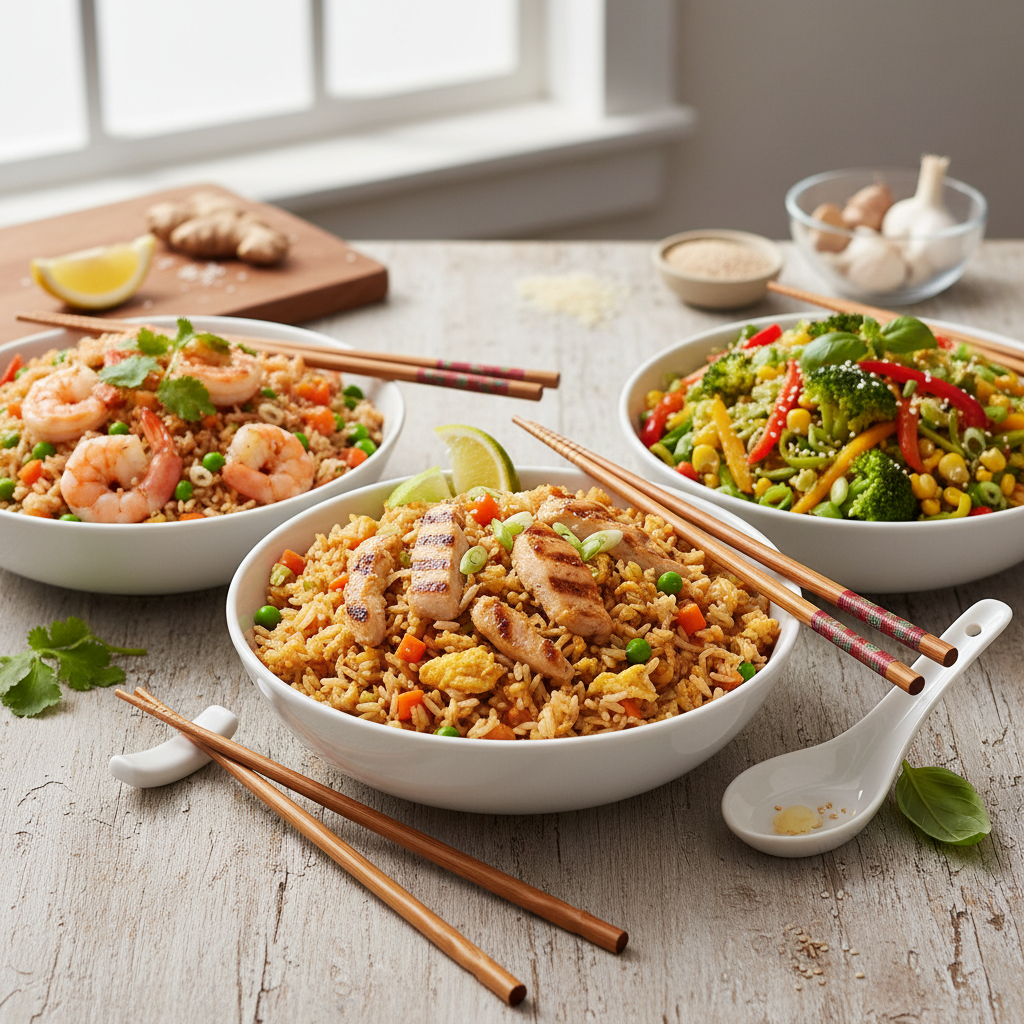 Three bowls of beautifully plated fried rice – chicken, shrimp, and vegetable – arranged on a kitchen counter, ready for a delicious showdown.